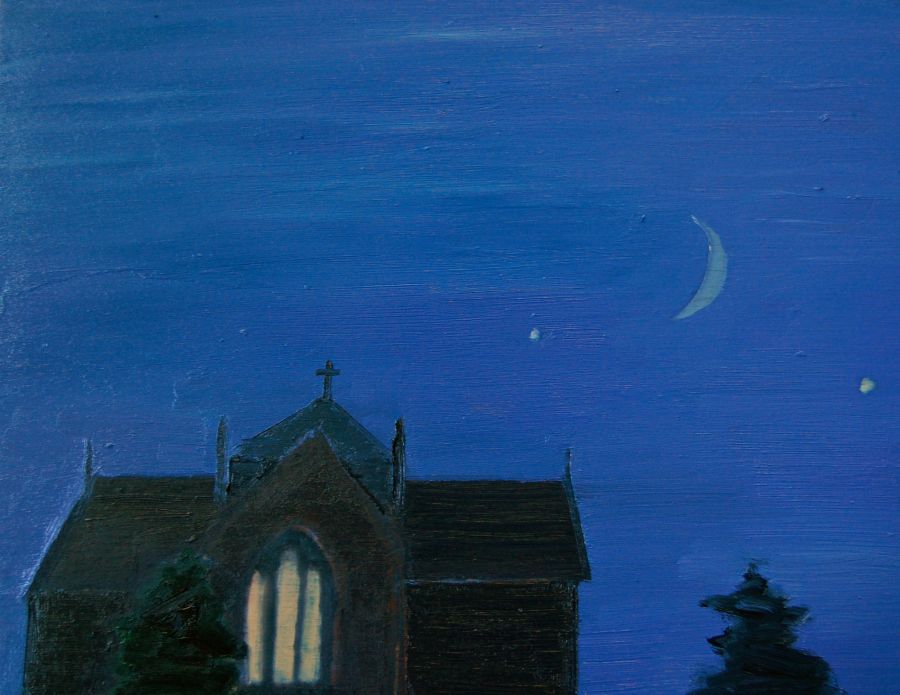 A church roof with a glowing window and the night sky with a crescent moon.