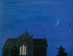 A church roof with a glowing window and the night sky with a crescent moon