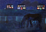 A horse grazing in a field with brightly lit houses in the background against the night sky.