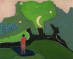 A figure in pink standing on a bed with a bridge and crescent moon behind