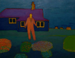 An orange figure standing in a garden in front of a house