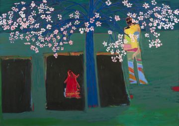 Three beds and two figures under a blooming tree.
