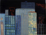 Three figures over a blue city