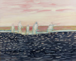 Five figures on the seashore with a pink sky