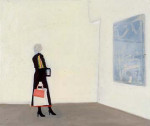 A figure in dark suit and heels staring at a painting on the wall inside a gallery
