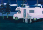 A family of four in front of a pink motorhome at night