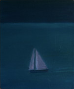 A boat sailing at night