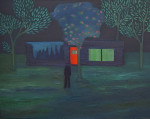 A figure standing amongst trees outside a house at night