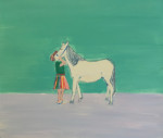 A girl wearing a stripy skirt holding a white horse
