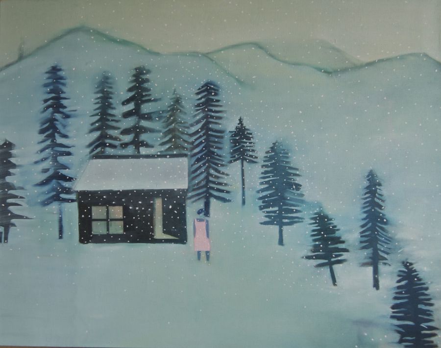 Figure in a pink dress outside a cabin in a snowy landscape.