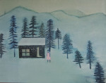 Figure in a pink dress outside a cabin in a snowy landscape