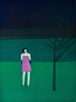 Figure of a woman in a purple dress and gloves in a green landscape at night