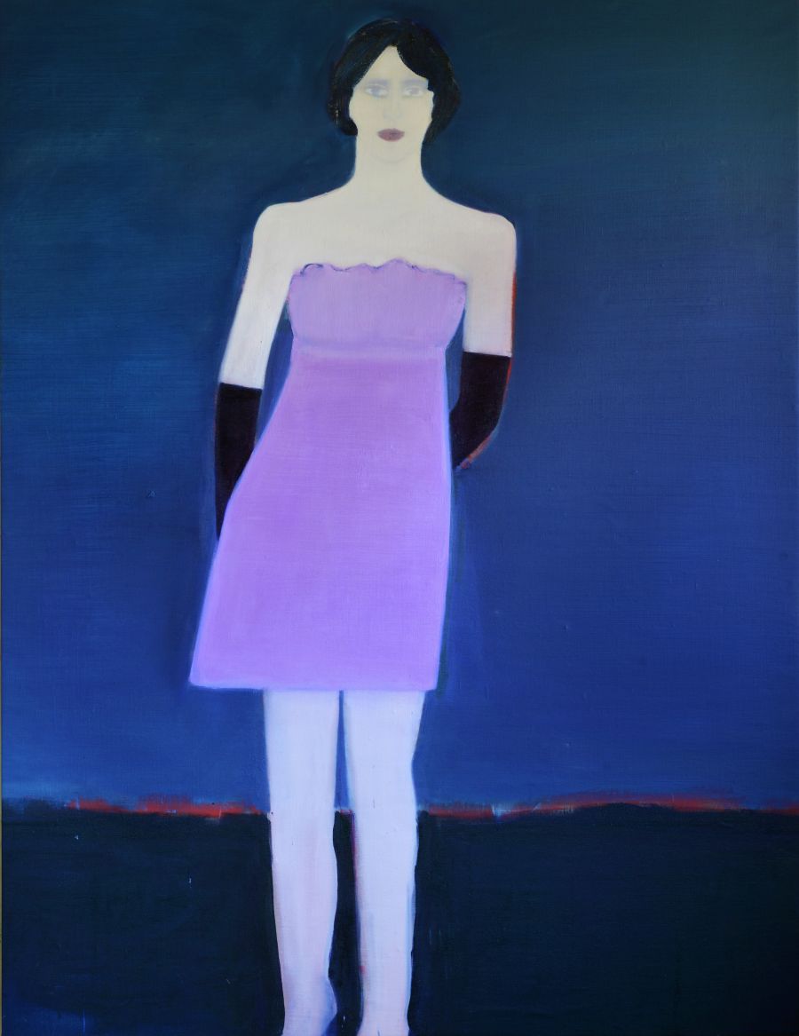 Figure of a woman in a purple dress and gloves at night.