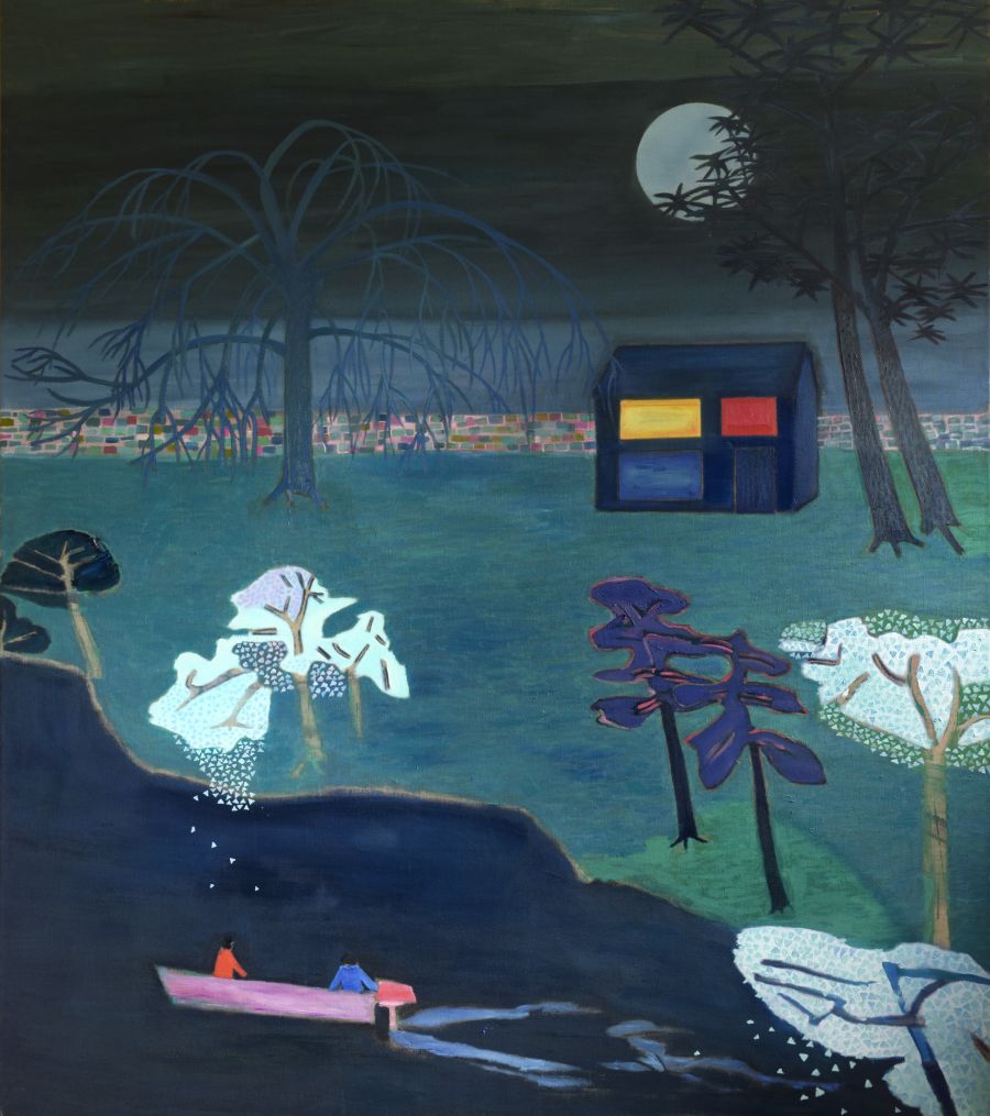 Two figures in a boat in front of an island with tropical trees at night.