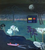 Two figures in a boat in front of an island with tropical trees at night