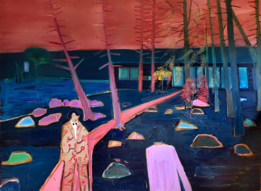 Two figures on a pink path leading to a house in the woods.