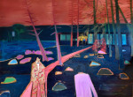 Two figures on a pink path leading to a house in the woods