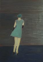 The back of a woman in a blue dress