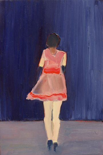 The silhouette of the back of a woman in a pink dress.