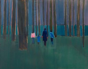 Four figures walking in the woods at night.