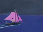 two figures in a sailing boat with pink sails