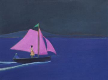 two figures in a sailing boat with pink sails.