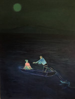 Two figures rowing out at sea at night-time with a moon glowing in the distance