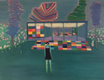 A figure in a dress standing in front of a multicoloured pavilion at night