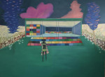A figure in a bikini standing in front of a multicoloured pavilion at night