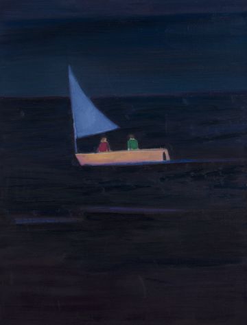 Two figures in a sailing boat at night.