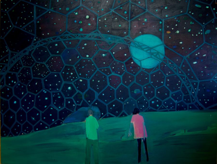 Two figures standing looking out at the cosmos through a glass dome.