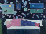 A sleeping man on a sofa with windows of paintings behind