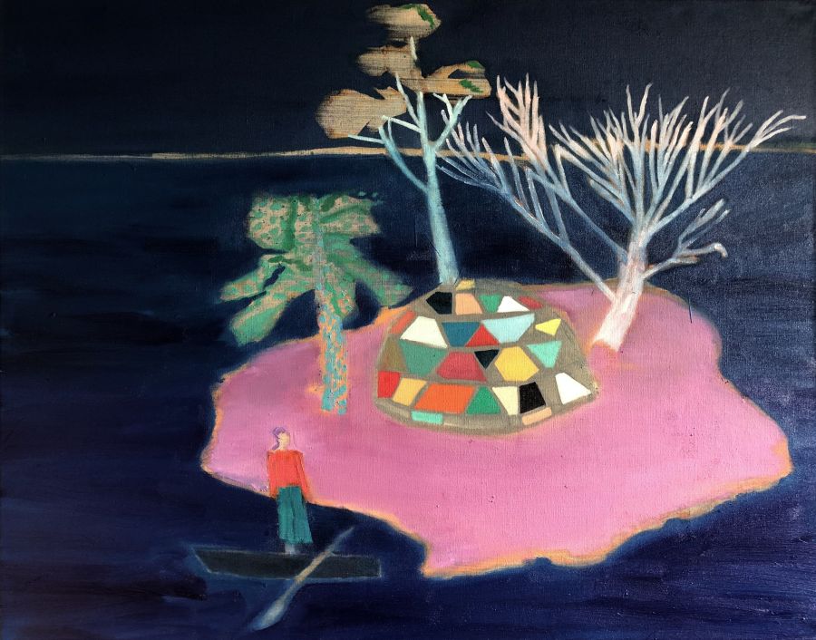 A figure standing next to a small island with a technicolour dome and trees on it.