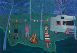 Three figures and a fire next to their camping van on the edge of water at night