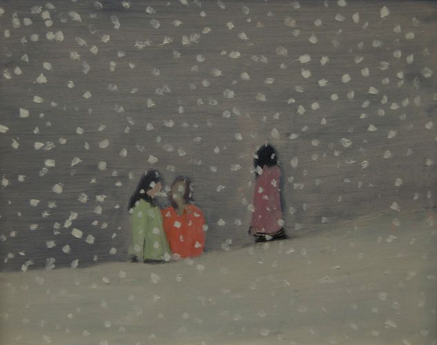 Three figures standing in the snow.