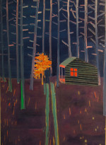 Silhouette of a figure standing at the end of a turquoise path next to a lit-up cabin in the woodlands