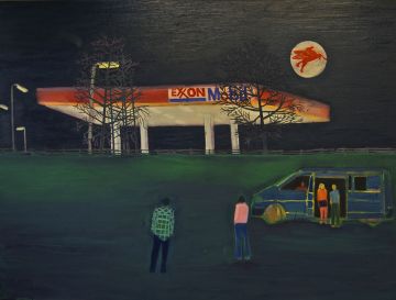 A family of five standing next to their van in front a glowing petrol station at night.