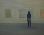 Silhouette of a woman from behind staring at a painting on the wall inside a gallery