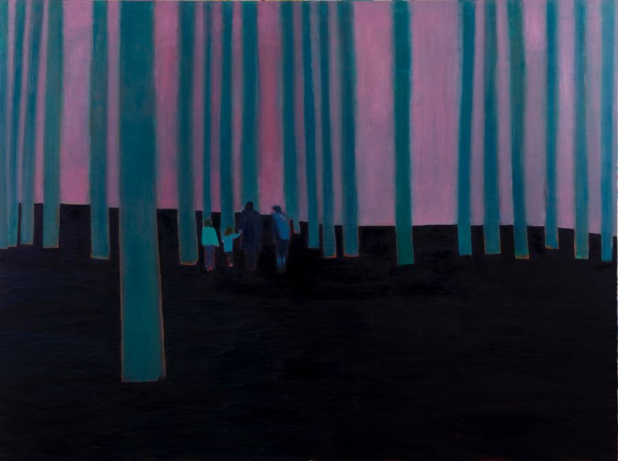 Four figures walking in the distance through a woodland with a pink sky.