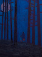 A painting of two figures walking through a moon-lit woods