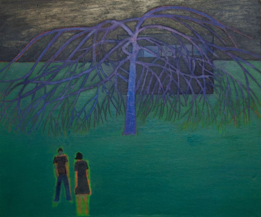 Two glowing figures standing in front of a big blue tree with a house behind at night-time.