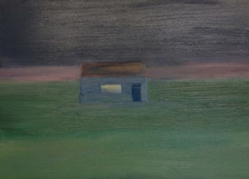 A painting of a house with a lit-up window standing in a stark landscape.