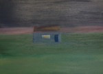 A painting of a house with a lit-up window standing in a stark landscape