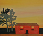 An orange barn with three trees against a yellow sky