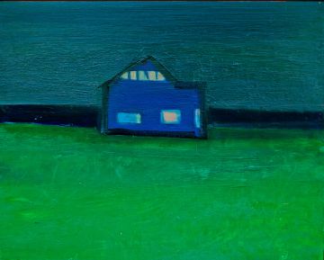 landscape of a blue house on the seashore.