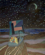 A figure and a technicolour dome on a raft floating out to sea under the starry night