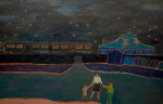 A mother and two children standing in front of a circus under a starry night sky