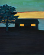 A dark shack at dusk with lit-up windows and a tree standing next to it