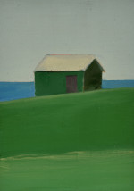 A green shack on a green hill on the seashore
