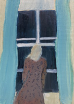A blonde woman staring out a window at the night sky